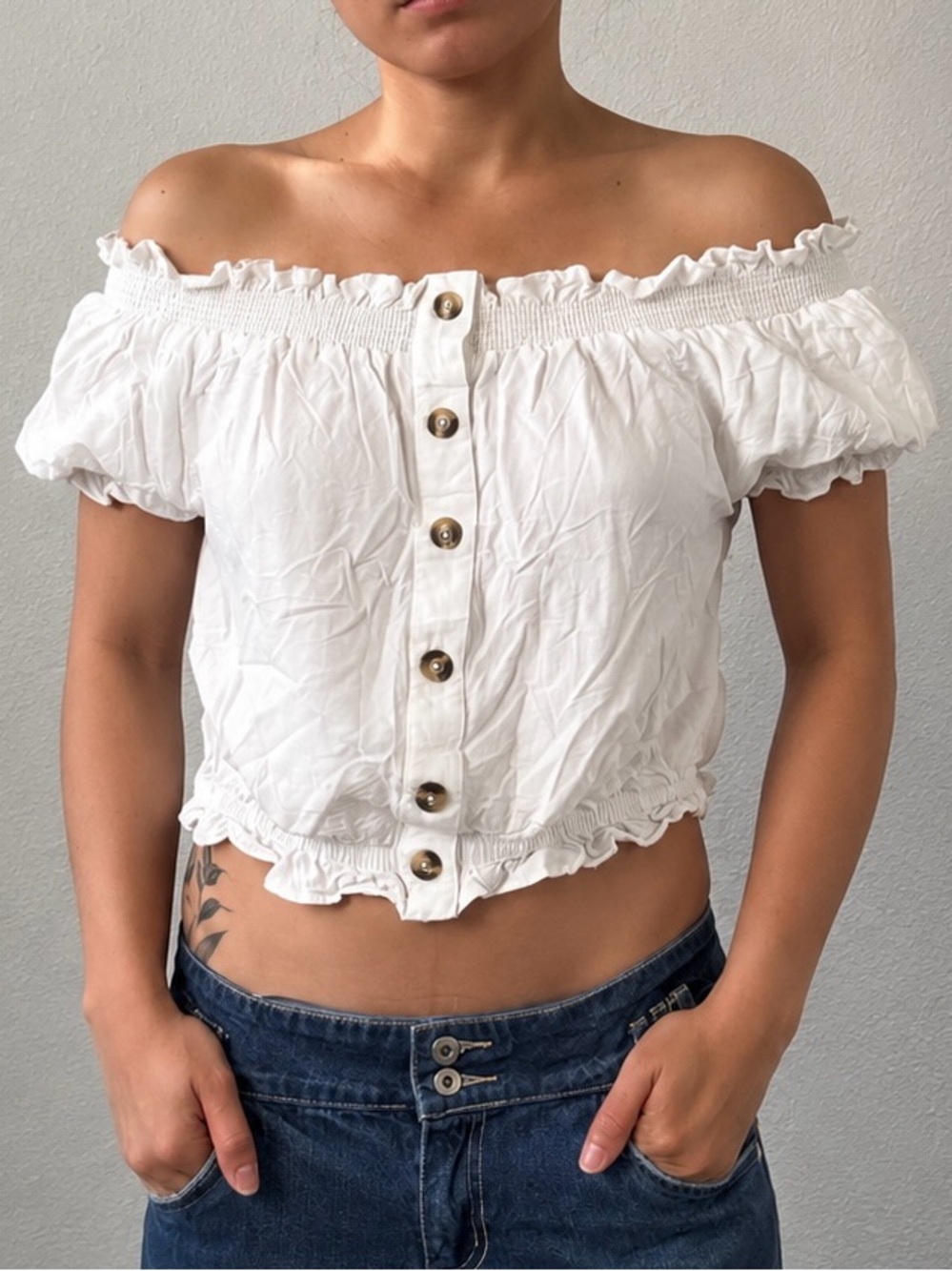 H&M White Off-Shoulder Button-Front Crop Top